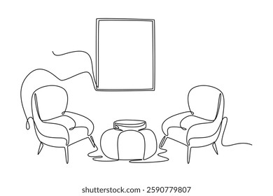 Living room interior concept. Single line draw design vector graphic illustration.