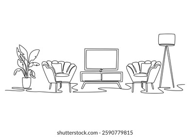 Living room interior concept. Single line draw design vector graphic illustration.