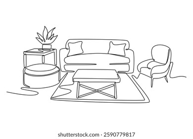 Living room interior concept. Single line draw design vector graphic illustration.