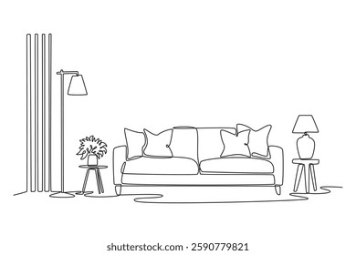 Living room interior concept. Single line draw design vector graphic illustration.