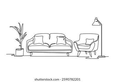 Living room interior concept. Single line draw design vector graphic illustration.