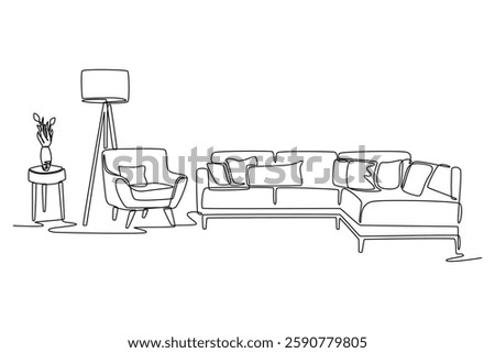 Living room interior concept. Single line draw design vector graphic illustration.