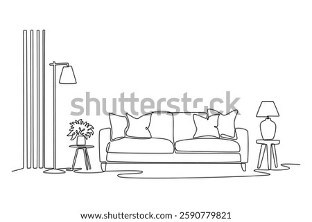Living room interior concept. Single line draw design vector graphic illustration.
