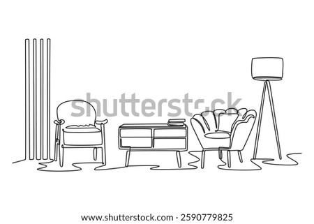 Living room interior concept. Single line draw design vector graphic illustration.
