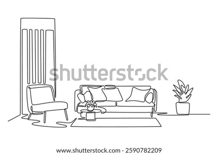 Living room interior concept. Single line draw design vector graphic illustration.