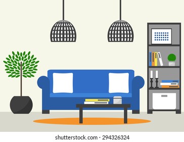 Living room interior. Contemporary furniture: sofa, bookcase, table. Flat style vector illustration. 