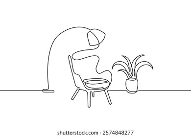 Living Room Interior Continuous Line Drawing. Home Line Art Hand Drawn Vector Art, One Line Drawing. Outline Drawing of Living Room Interior Minimalist Design Isolated on White Background. Not AI