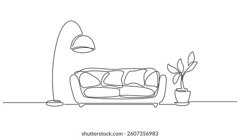 Living Room Interior Continuous Line Drawing. Line Art Home. Hand Drawn Vector Art, Continuous One Line Drawing. Outline Drawing of Room Interior Minimal Design Isolated on White Background. Not AI