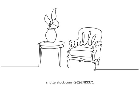 Salon Intérieur Dessin au trait continu. Line Art Home Interior. Image vectorielle Dessinée À La Main Dessin D'Une Ligne. Dessin de contour de conception minimaliste d'intérieur de pièce isolée sur fond blanc. Pas AI