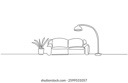 Living Room Interior Continuous One Line Drawing. Home Interior Line Art Hand Drawn Vector Continuous One Line Style. Outline Drawing of Room Interior Minimalist Design on White Background. Not AI