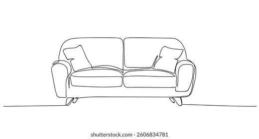 Living Room Interior Continuous One Line Drawing. Home Interior Line Art Hand Drawn Vector Continuous One Line Style. Outline Drawing of Room Interior Minimalist Design on White Background. Not AI