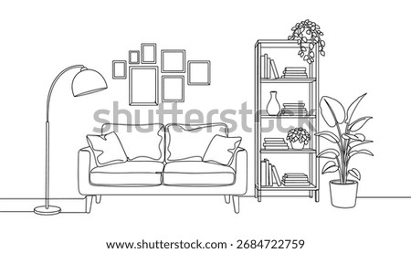 Living Room Interior Continuous One Line Drawing Vector. Cozy Home Decor and Furniture Vector Scene.