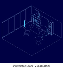 Living room interior contour. Comfortable sofa, bookcase, chair and house plants. Vector flat illustration. Isometric view