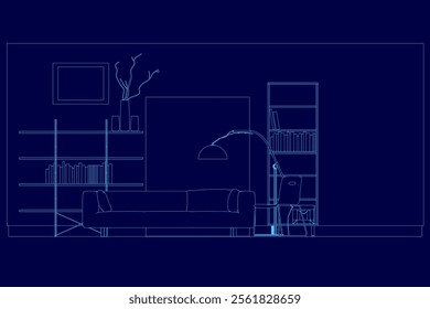 Living room interior contour. Comfortable sofa, bookcase, chair and house plants. Vector flat illustration. Front view. 3D