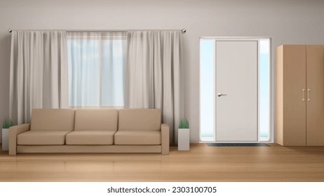 Wohnzimmereinrichtung mit Sofa, Kleiderschrank, Fenster und Tür mit Glaspaneelen. Leere moderne Design-Vizualisierung im Innenbereich. Realistisches 3D-Vektorhaus mit weißen Wänden und Holzboden