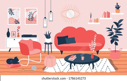 Living room interior. Cozy apartment design with sofa armchair houseplants in scandinavian hygge style. House decoration flat vector illustration.