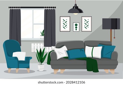 Living room interior. Cozy apartment in minimalist style. Gray and blue combination of colors in furniture. Soft sofa, armchair and curtains. Cartoon flat vector illustration for posters and banners