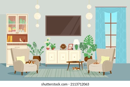 Living room interior. Cozy place to read or watch TV. Set of vector furniture and flowers. Flat plane style.  Graphic design template.