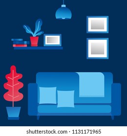 Living Room Interior. Cozy interior vector illustration. Room with  sofa, shelf and plants. Vector furniture 