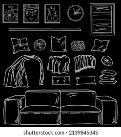 Living room interior creation kit. Furniture set with sofa, pillow, plaid, picture, clock, shelf. Cozy home decorations. Line sketch.