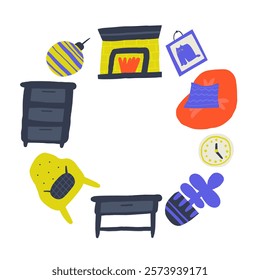 Living room interior cute hand drawn doodle composition, banner, wreath with funny hand drawn doodle house furniture chair, armchair, plant, pot, table, clock, fireplace, bedside table.