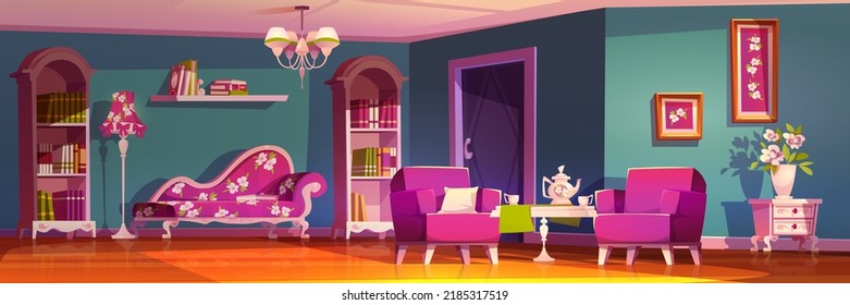 El interior de la sala de estar en un bonito estilo princesa, elegante mobiliario rosa con estampado floral, sofá vintage, biblioteca, mesita de café con tetera, flores. Diseño clásico femenino ilustración vectorial de dibujos animados