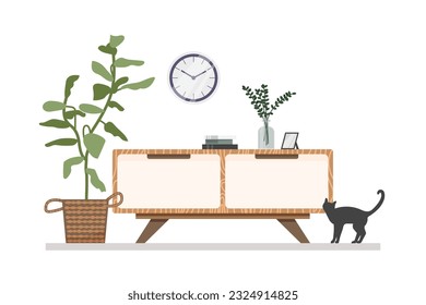 Living room interior with decor, books and flowers. Flat style vector illustration