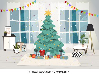 Living room interior decorated for the Christmas holiday. Christmas tree with gifts inside the house, modern interior with furniture and a window. Flat vector illustration