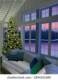Living room interior decorated for the Christmas holiday. Christmas tree  inside the house, modern interior with furniture and a window. Flat vector illustration