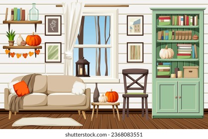 Wohnzimmereinrichtung mit Herbstdekorationen. Skandinavisches Interieur mit grünem Bücherregal und beigem Sofa. Cartoon-Vektorgrafik