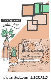 Living room interior design in black and white style. Colored style. Sofas ,  coffee table, lamp, house plants, carpet sketch.