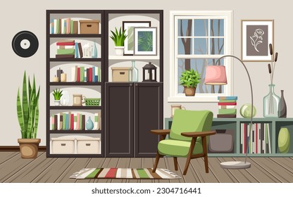 Living room interior design with black bookcases, an armchair, a shelving, a window, and houseplants. Cozy evening room interior design. Cartoon vector illustration