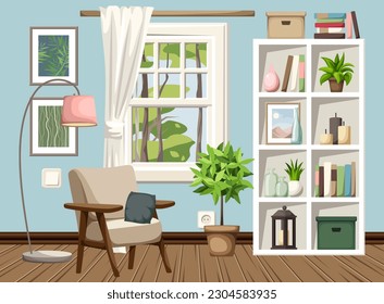 Living room interior design with blue walls, an armchair, a shelving, a window, and houseplants. Cozy room interior design. Cartoon vector illustration