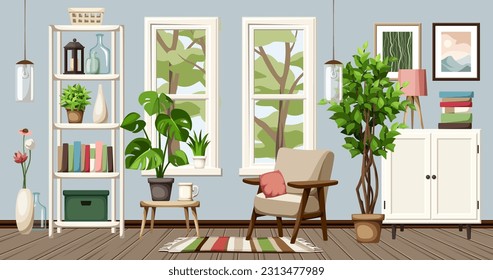 Decoración interior de salón con paredes azules, sillón, vestidor, estantería, dos ventanas, plantas de la casa y luz tenue. El acogedor diseño interior de las habitaciones. Ilustración vectorial de dibujos animados