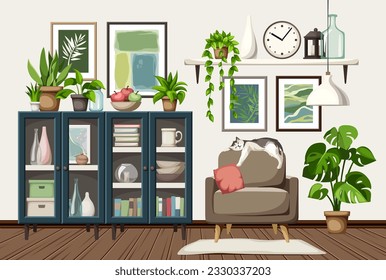 Living room interior design with blue bookcases, an armchair, a bookshelf, paintings, and houseplants. Cozy room interior design. Cartoon vector illustration