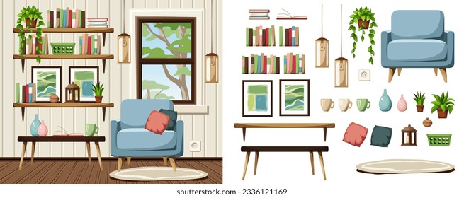 Living room interior design with a blue armchair, bookshelves, a window, and hanging lamps. Furniture set. Interior constructor. Cartoon vector illustration