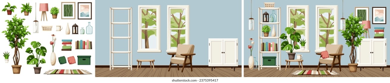 Decoración interior de salón con paredes azules, sillón, vestidor, dos ventanas, plantas de la casa y luz tenue. Acogedor interior de habitación. Decoración del hogar antes y después. Ilustración hecha a mano, no IA