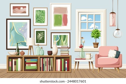 Living room interior design with a blue wall, a pink armchair, a shelving, a window, and paintings on the wall. Modern living room interior design. Cartoon vector. Hand-drawn illustration, not AI 