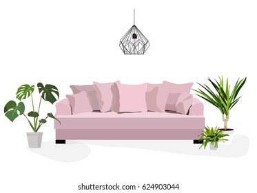 living room interior design botanical style, vector furniture home illustration.modern contemporary.