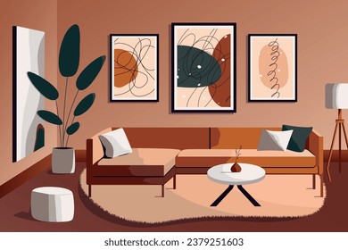 Living room interior design. Cartoon cozy space with posters, sofa, coffee table, house plants in Japandi style. Modern flat vector illustration