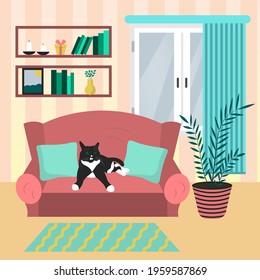 Living room interior design with cat on the sofa. Modern design interior. Flat style vector illustration. 