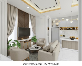 living room interior design close to the pantry with white nuances