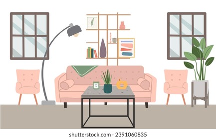 Living room interior design . Comfortable sofa,  furniture ,decorative elements and house plants. Vector flat illustration modern style colorful for different design uses, books, flayers and banner 