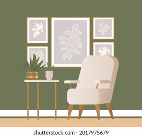 Living room interior design concept. Beige retro armchair with wooden legs, marble stone side table, abstract linear home posters, green plants. Colorful flat vector illustration green wallpapers.