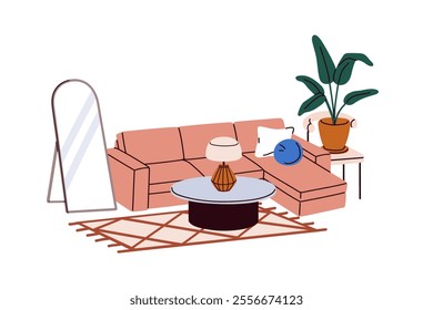 Living room interior design with corner sofa, cushions and coffee table. Modern cozy home, comfortable couch, plant, rug, lamp and floor mirror. Flat vector illustration isolated on white background