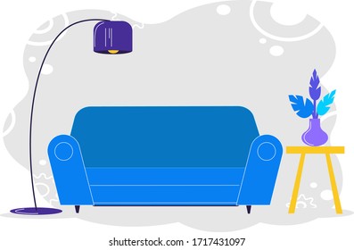 Living room interior design with couch, lamp and shelves. Funny style furniture set. Vector illustration in flat style.