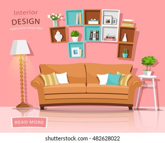 Living room interior design with couch, lamp and shelves. Funny style furniture set. Vector illustration.