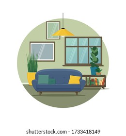 Living room interior design. Cozy sofa with cushions, console table with a stack of books and house plants, pendant lamp, picture frames and a window in the background. Cartoon illustration. Vector.