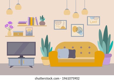Living room interior. Design of a cozy room with sofa, TV stand, shelf, book, house plants decor accessories.. Flat style vector illustration.
