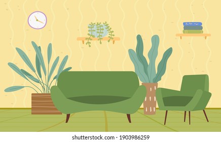 Living room interior design elements. Soft couch with chair and potted plants. A set of modern upholstered green sofa and armchair. Arrangement of furniture and layout of contemporary premises